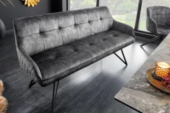 Design Sitzbank EUPHORIA 160cm dunkelgrau Samt Retrostil Ziersteppung Hairpin Legs Metallbeine Armlehnen