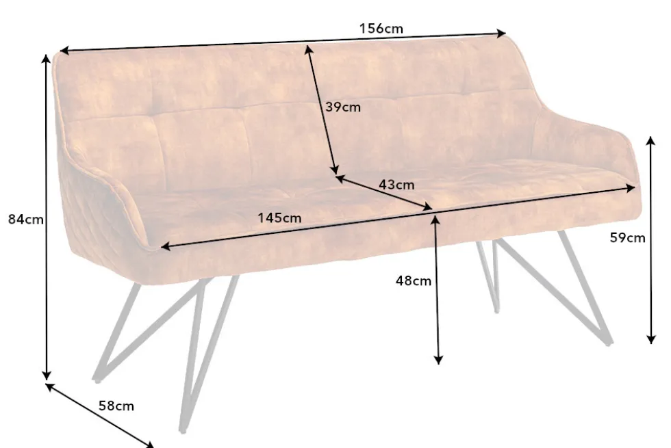 Design Sitzbank EUPHORIA 160cm senfgelb Samt Retrostil Ziersteppung Hairpin Legs Metallbeine Armlehnen