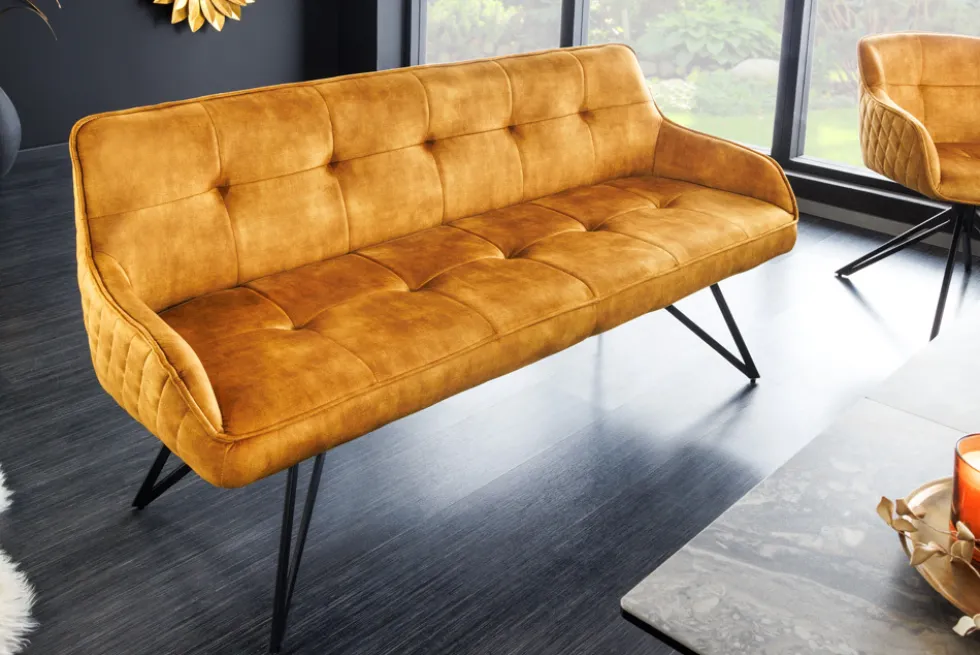 Design Sitzbank EUPHORIA 160cm senfgelb Samt Retrostil Ziersteppung Hairpin Legs Metallbeine Armlehnen