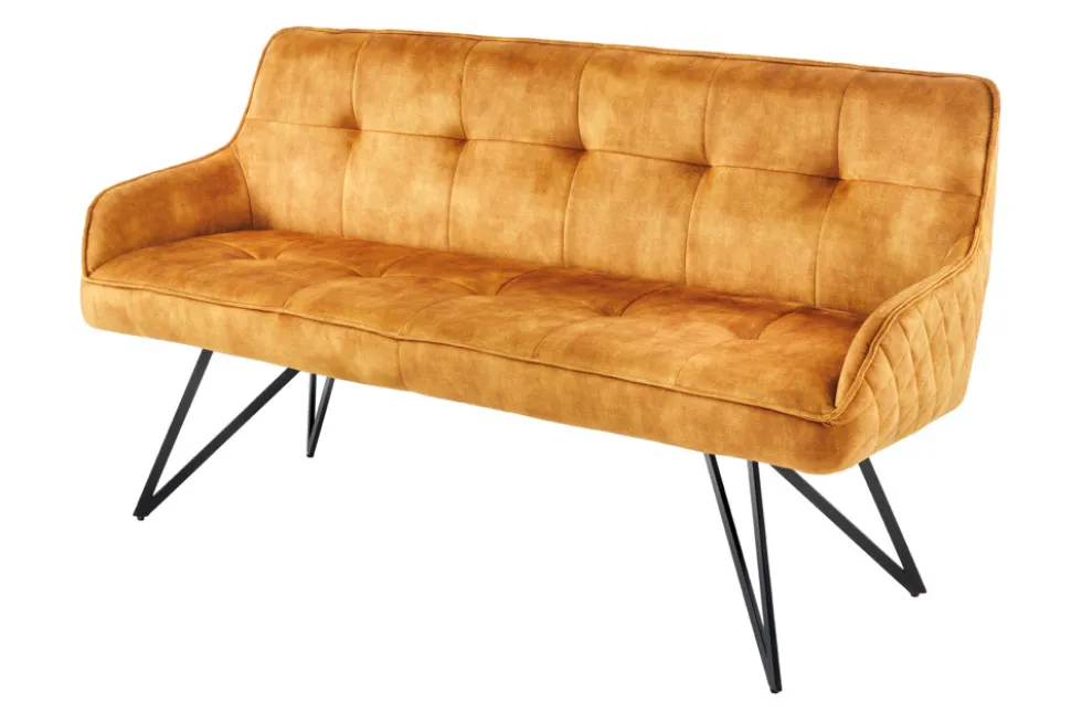 Design Sitzbank EUPHORIA 160cm senfgelb Samt Retrostil Ziersteppung Hairpin Legs Metallbeine Armlehnen