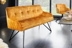 Design Sitzbank EUPHORIA 160cm senfgelb Samt Retrostil Ziersteppung Hairpin Legs Metallbeine Armlehnen