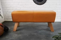 Design Sitzbank TURNBOCK 100cm cognac Echtleder Mangoholz Retro Sitzhocker