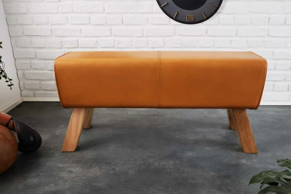 Design Sitzbank TURNBOCK 100cm cognac Echtleder Mangoholz Retro Sitzhocker