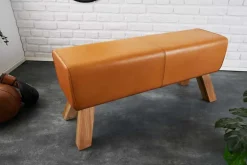Design Sitzbank TURNBOCK 100cm cognac Echtleder Mangoholz Retro Sitzhocker