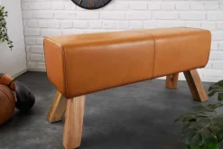 Design Sitzbank TURNBOCK 100cm cognac Echtleder Mangoholz Retro Sitzhocker