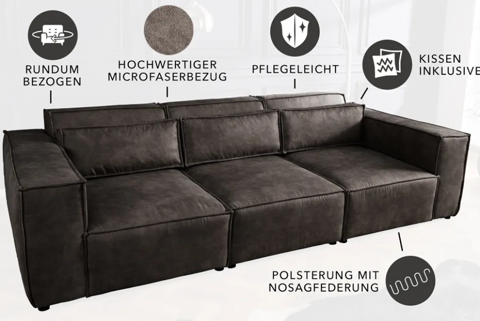 Design 3-Sitzer Sofa BOSSA NOVA 260cm antik dunkelgrau Microfaser Couch Wohnzimmer