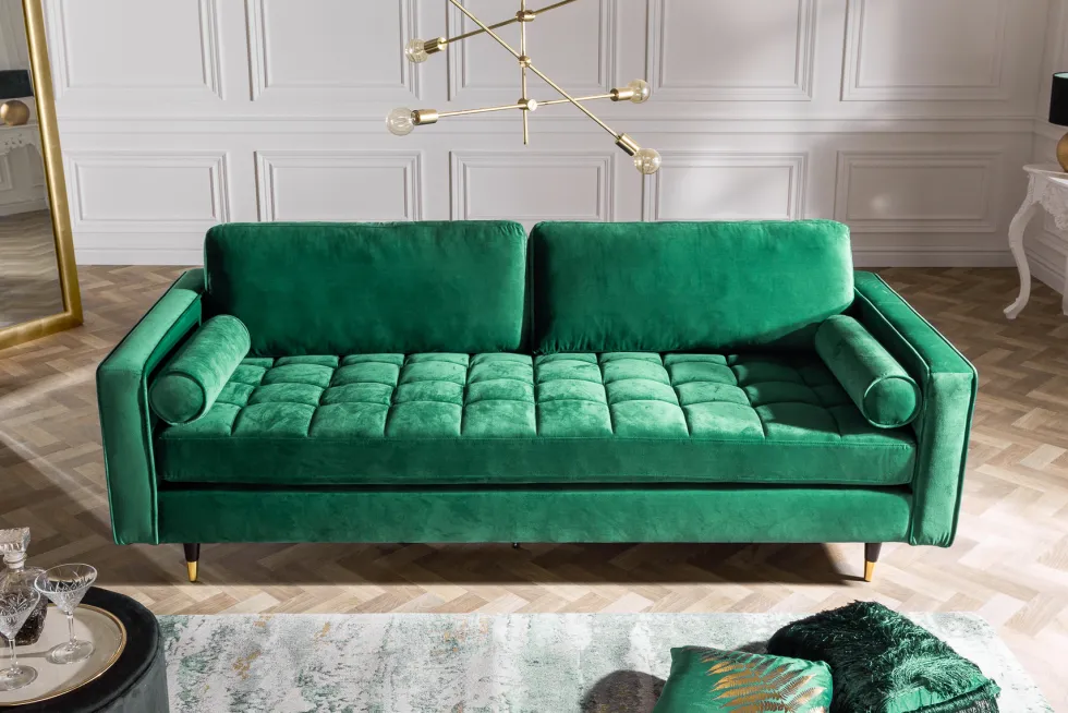 Design 3-Sitzer Sofa COZY VELVET 220cm smaragdgrün Samt Federkern Lounge