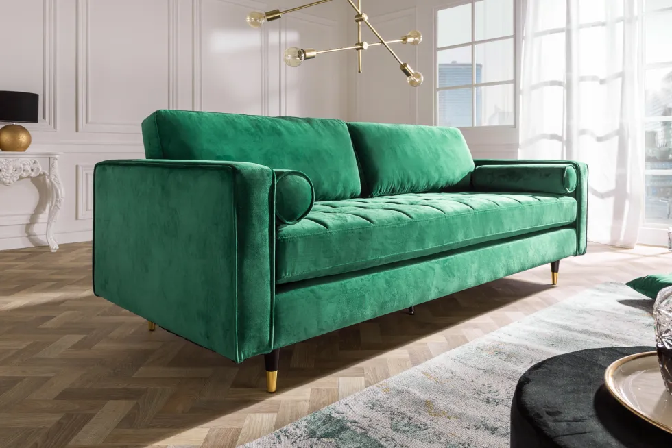 Design 3-Sitzer Sofa COZY VELVET 220cm smaragdgrün Samt Federkern Lounge