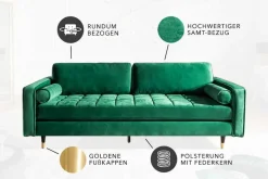 Design 3-Sitzer Sofa COZY VELVET 220cm smaragdgrün Samt Federkern Lounge