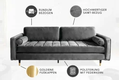 Design 3-Sitzer Sofa COZY VELVET 220cm grau Samt Federkern Lounge