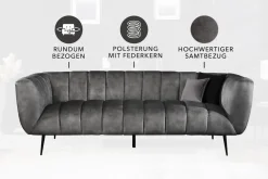 Design 3-Sitzer Sofa NOBLESSE 225cm grau Samt Federkern schwarze Metallfüße