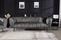 Design 3-Sitzer Sofa NOBLESSE 225cm grau Samt Federkern schwarze Metallfüße