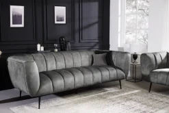 Design 3-Sitzer Sofa NOBLESSE 225cm grau Samt Federkern schwarze Metallfüße