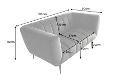 Design 2-Sitzer Sofa NOBLESSE 165cm grau Samt schwarze Metallfüße Federkern
