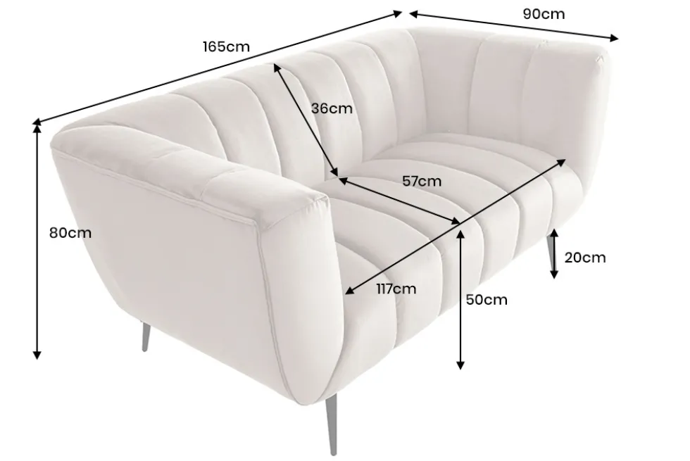 Design 2-Sitzer Sofa NOBLESSE 165cm champagner Samt schwarze Metallfüße Federkern