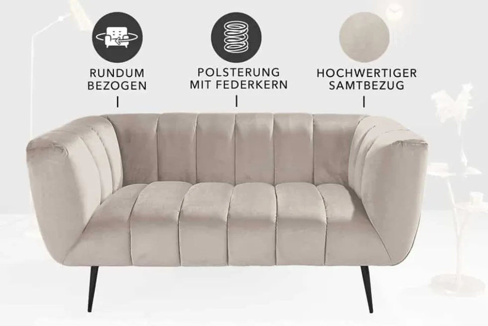 Design 2-Sitzer Sofa NOBLESSE 165cm champagner Samt schwarze Metallfüße Federkern