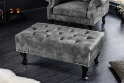 Design Sitzhocker CHESTERFIELD 80cm grau Samt Knopfheftung Nietenbesatz