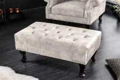 Design Sitzhocker CHESTERFIELD 80cm champagner beige Samt Knopfheftung Nietenbesatz