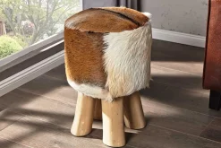 Design Sitzhocker HIDE 45cm braun weiß mit Ziegenfell und Teakholz