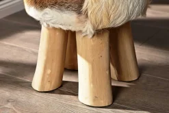 Design Sitzhocker HIDE 45cm braun weiß mit Ziegenfell und Teakholz