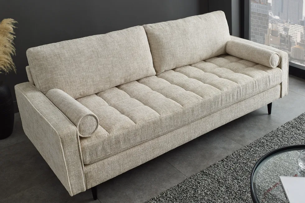 Design Sofa COZY VELVET 220cm beige Chenille Federkern 3-Sitzer mit goldener Kappe