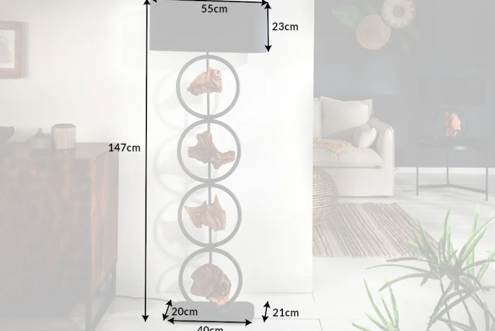 Design Stehlampe ELEMENTS 147cm schwarz Baumwollschirm Fuß mit Massivholz