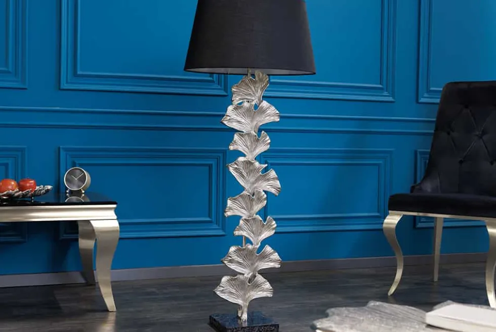 Design Stehlampe GINKGO 122cm schwarz Stoffschirm silber Metall handmade Marmor-Fuß
