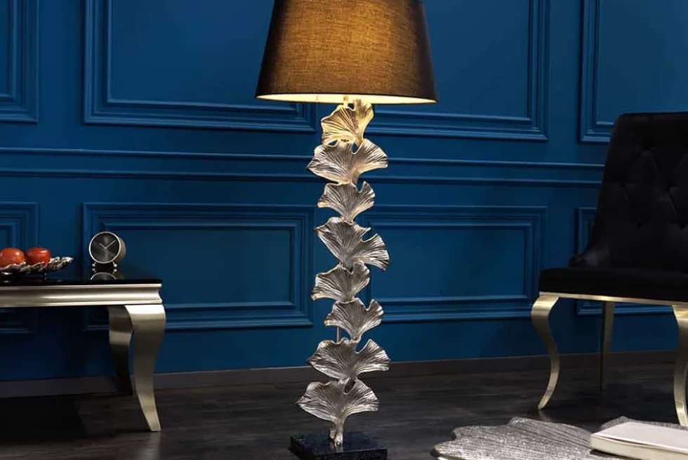 Design Stehlampe GINKGO 122cm schwarz Stoffschirm silber Metall handmade Marmor-Fuß