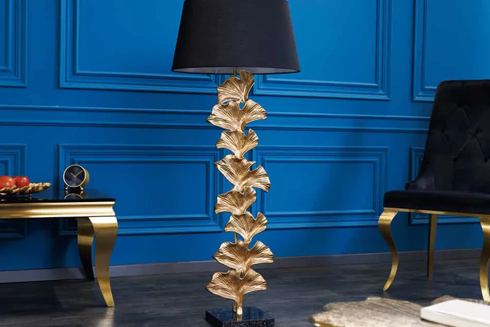 Design Stehlampe GINKGO 122cm schwarz Stoffschirm gold Metall handmade Marmor-Fuß