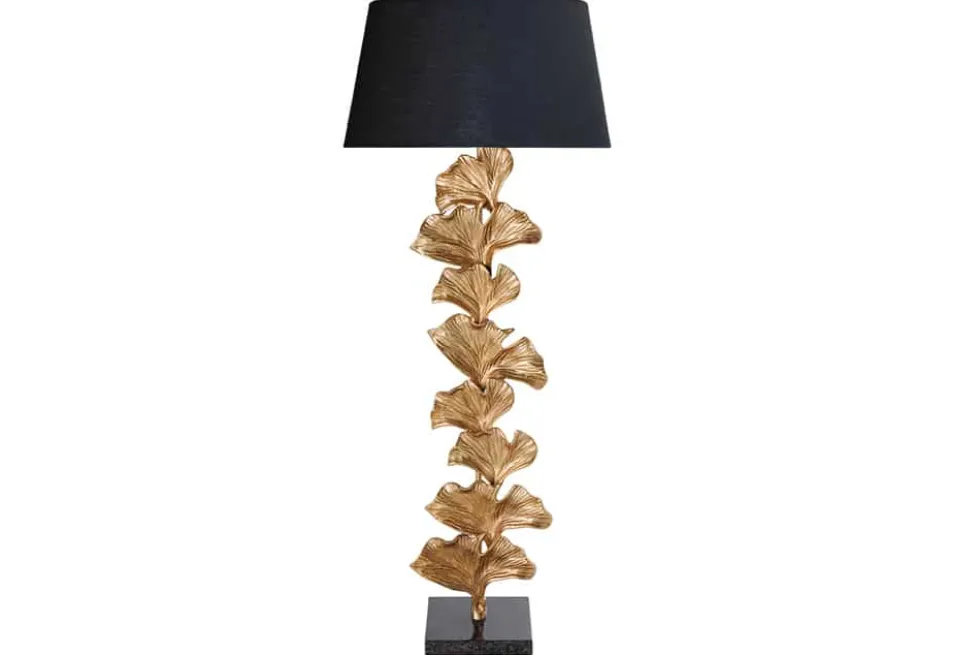 Design Stehlampe GINKGO 122cm schwarz Stoffschirm gold Metall handmade Marmor-Fuß
