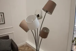 Design Stehlampe LEVELS 176cm weiß beige braun mit 5 Leinenschirmen