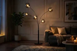 Design Stehlampe LIQUID DIAMOND 200cm schwarz smoke grau fünf Glasschirme mit Marmorfuß