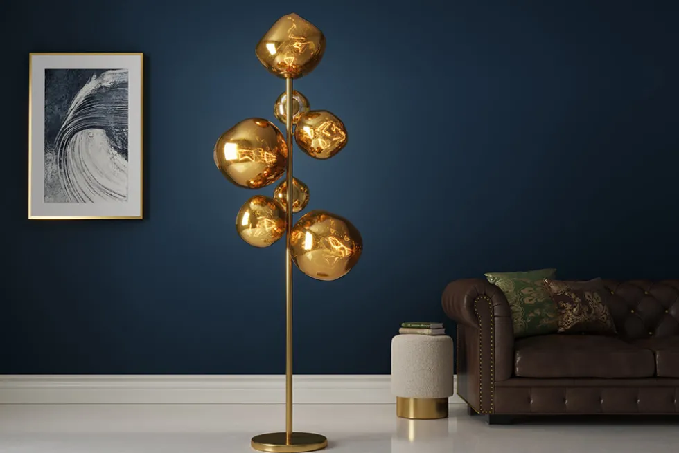 Design Stehlampe LIQUID DIAMOND 170cm gold Glas Stahl sieben Schirme Kugelleuchte