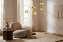 Design Stehlampe LIQUID DIAMOND 200cm gold fünf Glasschirme mit Marmorfuß