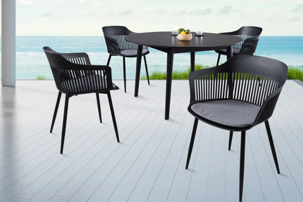 Design Stuhl AIRE schwarz Kunststoff Stahlgestell Indoor Outdoor inkl. Kissen