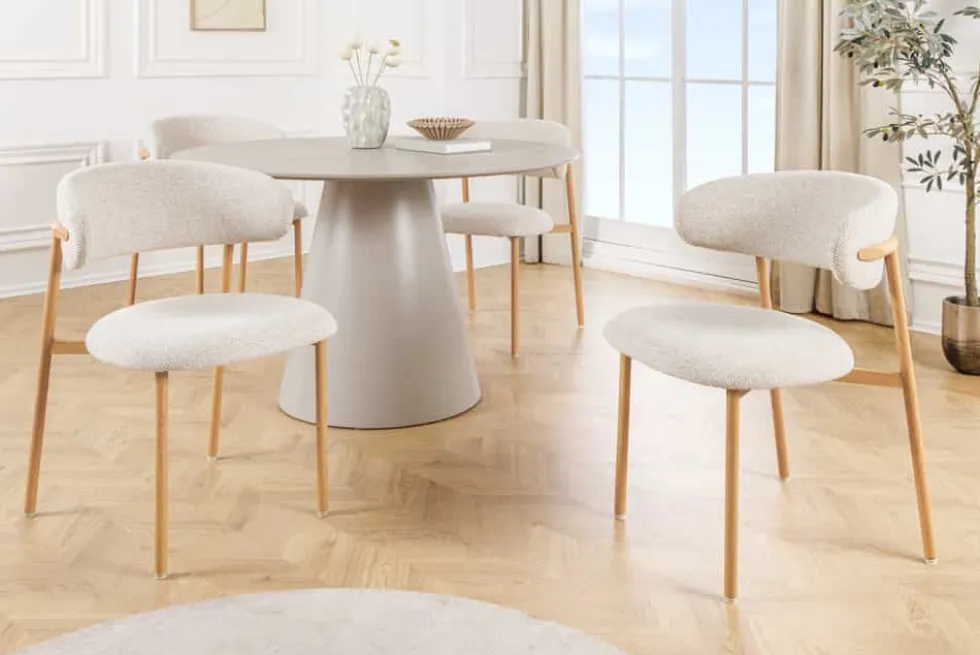 Design Stuhl BELFORT beige Strukturstoff Metallgestell Eiche