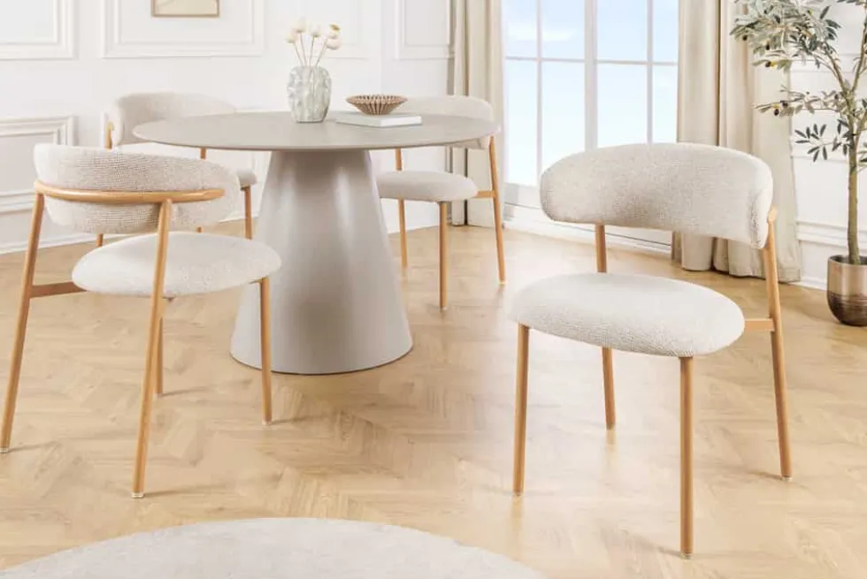 Design Stuhl BELFORT beige Strukturstoff Metallgestell Eiche