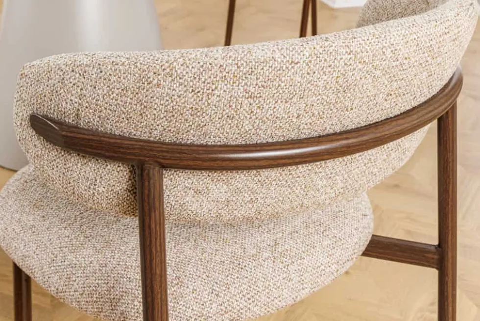 Design Stuhl BELFORT taupe beige Strukturstoff Metallgestell Walnuss