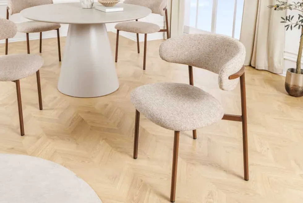 Design Stuhl BELFORT taupe beige Strukturstoff Metallgestell Walnuss