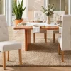 Design Stuhl CASA beige Bouclé Tweed Soft Massivholzbeine Zierknöpfe und Nackenrolle