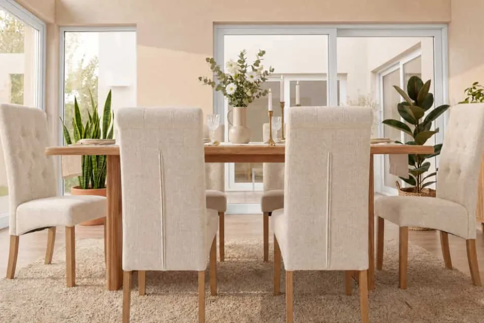 Design Stuhl CASA beige Bouclé Tweed Soft Massivholzbeine Zierknöpfe und Nackenrolle