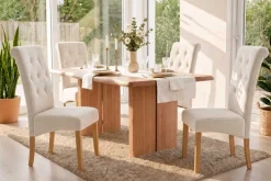 Design Stuhl CASA beige Bouclé Tweed Soft Massivholzbeine Zierknöpfe und Nackenrolle