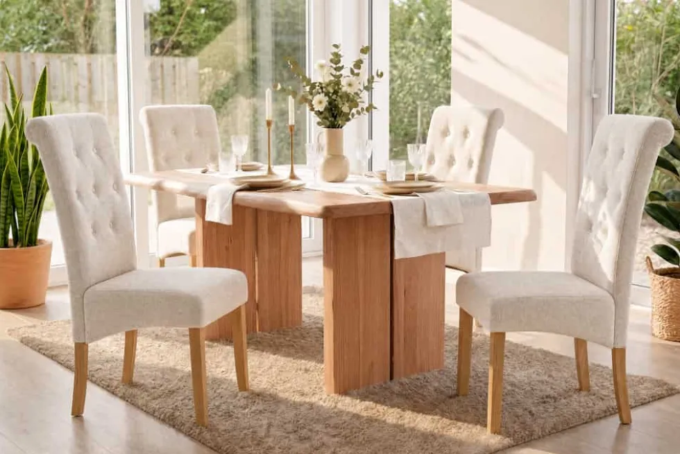 Design Stuhl CASA beige Bouclé Tweed Soft Massivholzbeine Zierknöpfe und Nackenrolle