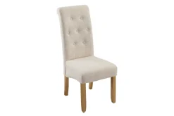 Design Stuhl CASA beige Bouclé Tweed Soft Massivholzbeine Zierknöpfe und Nackenrolle
