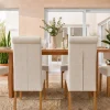 Design Stuhl CASA beige Leinen Massivholzbeine mit Zierknöpfen und Nackenrolle