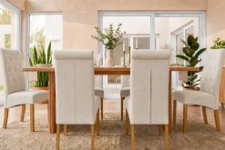 Design Stuhl CASA beige Leinen Massivholzbeine mit Zierknöpfen und Nackenrolle
