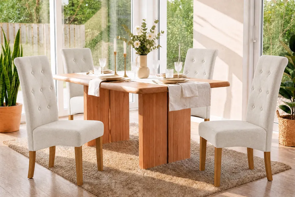 Design Stuhl CASA beige Leinen Massivholzbeine mit Zierknöpfen und Nackenrolle
