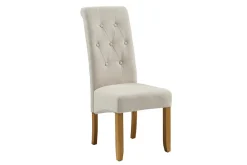 Design Stuhl CASA beige Leinen Massivholzbeine mit Zierknöpfen und Nackenrolle