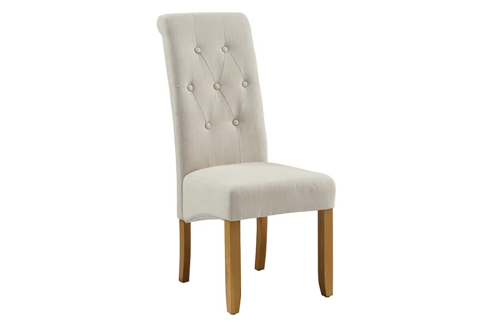Design Stuhl CASA beige Leinen Massivholzbeine mit Zierknöpfen und Nackenrolle