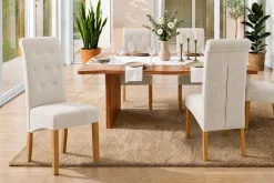 Design Stuhl CASA beige Leinen Massivholzbeine mit Zierknöpfen und Nackenrolle